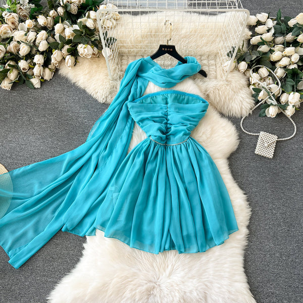 High-end Pleated Blue Dress with Ribbon