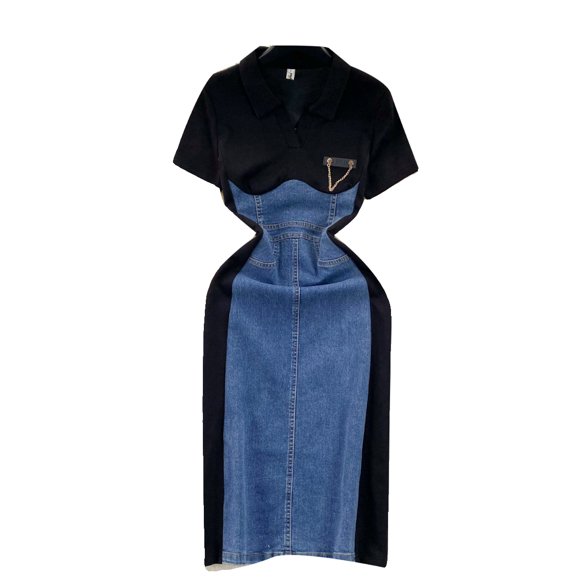 Faux Two-pieces Denim Patchwork Dress