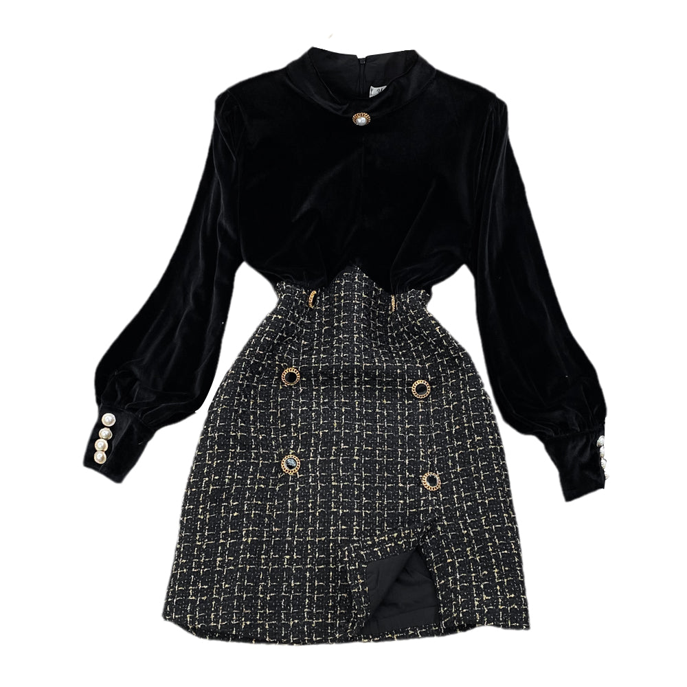 Gold Velvet Patchwork Tweed A-line Dress