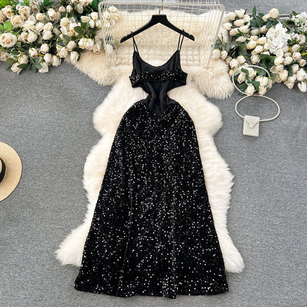 Sequined Backless Black Slip Dress