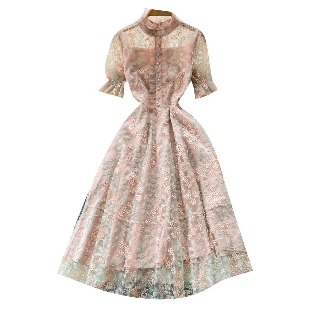 Embroidered Mesh Puff Sleeve Dress