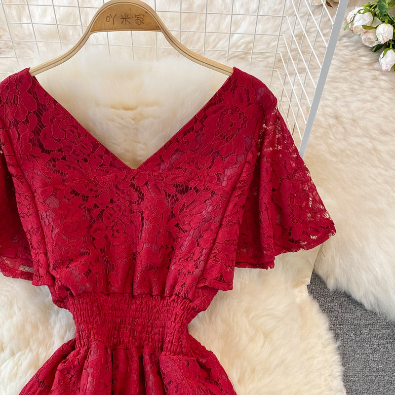 V-neck Floral Embroidered Lace Dress