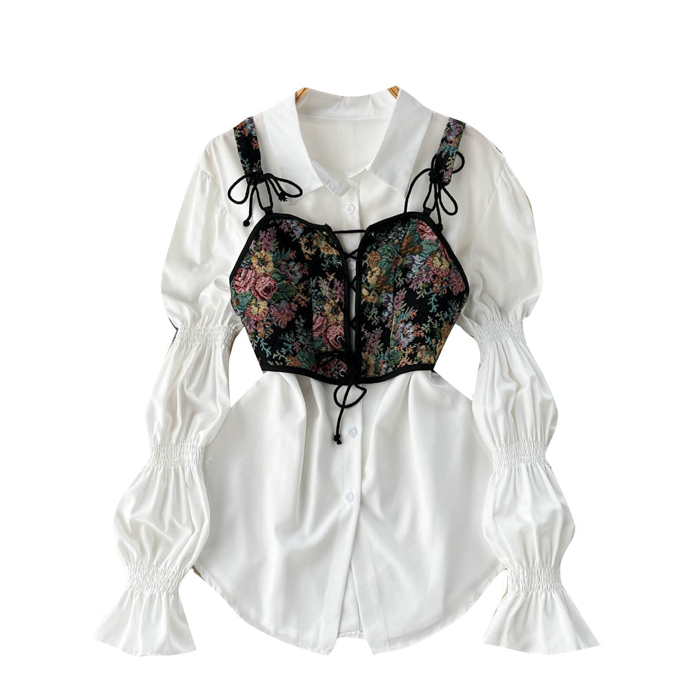 White Shirt Dress&Floral Camisole 2PCs