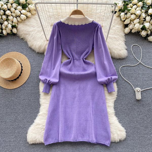 Doll Collar Single-breasted Knitted Dress