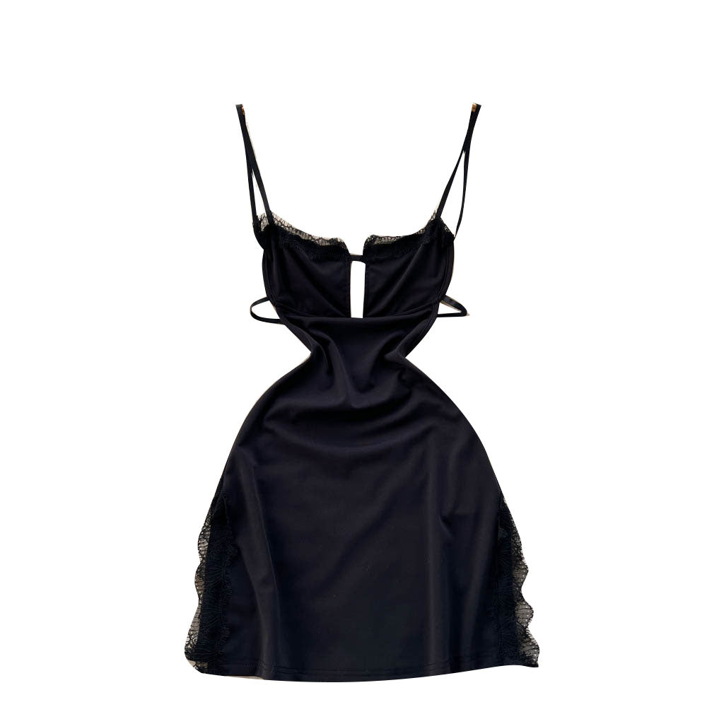 Backless Black Lace Halter Dress