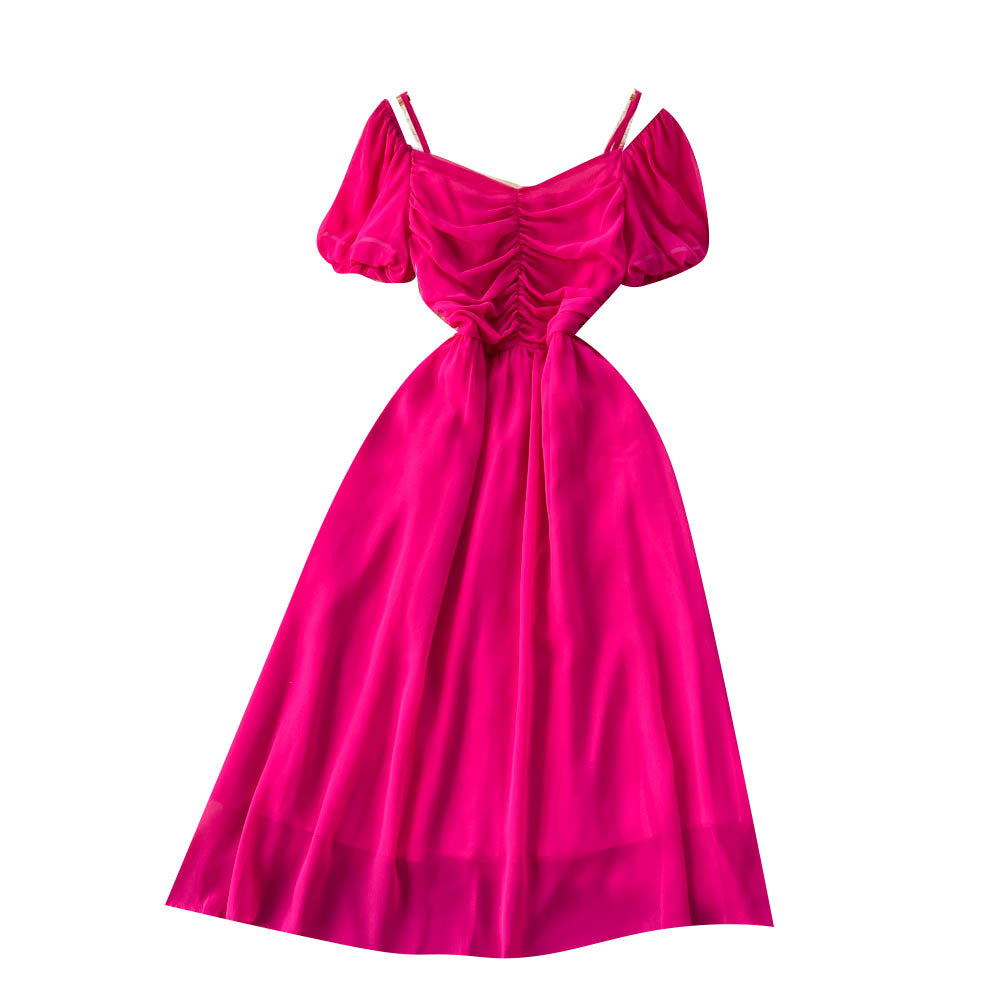 Bubble Sleeve Square Collar Chiffon Dress