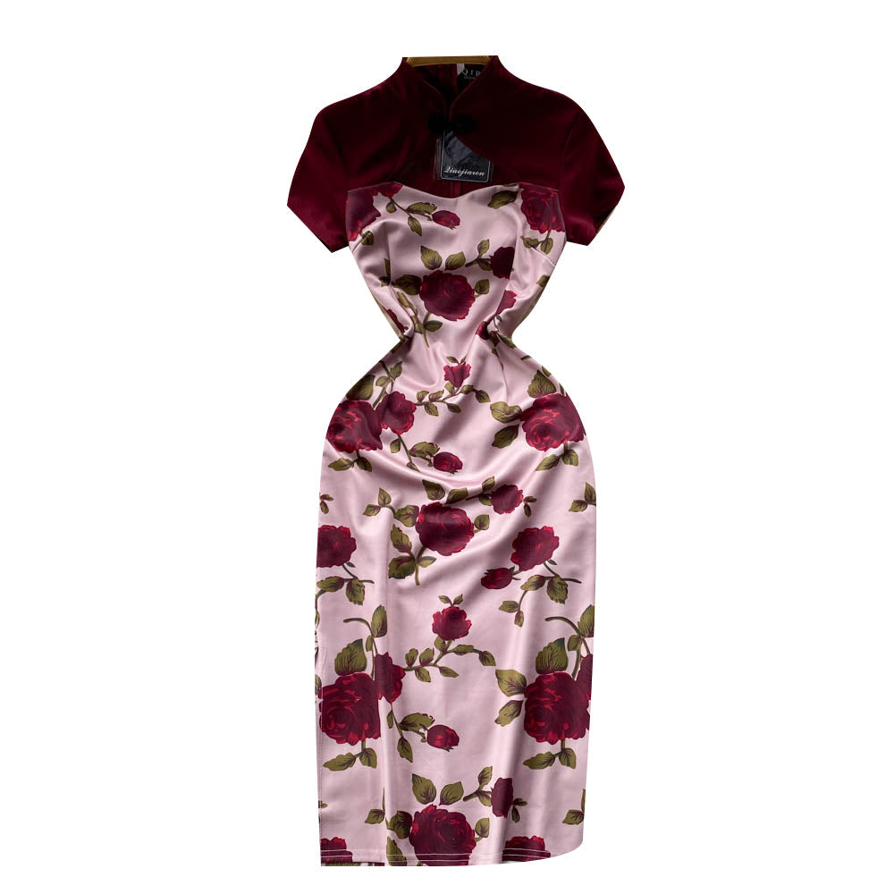 Niche Color Blocking Printed Floral Dress