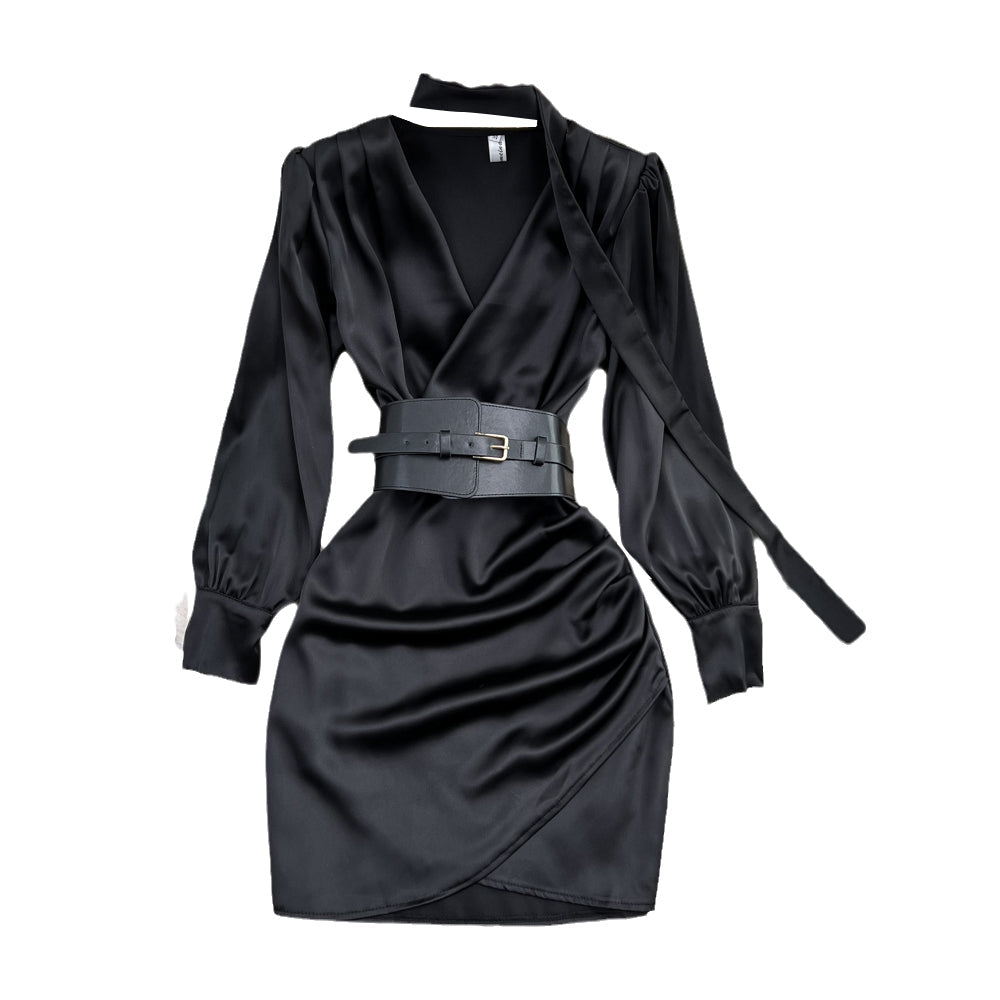 Acetate Satin V-neck Pleated Black Dress