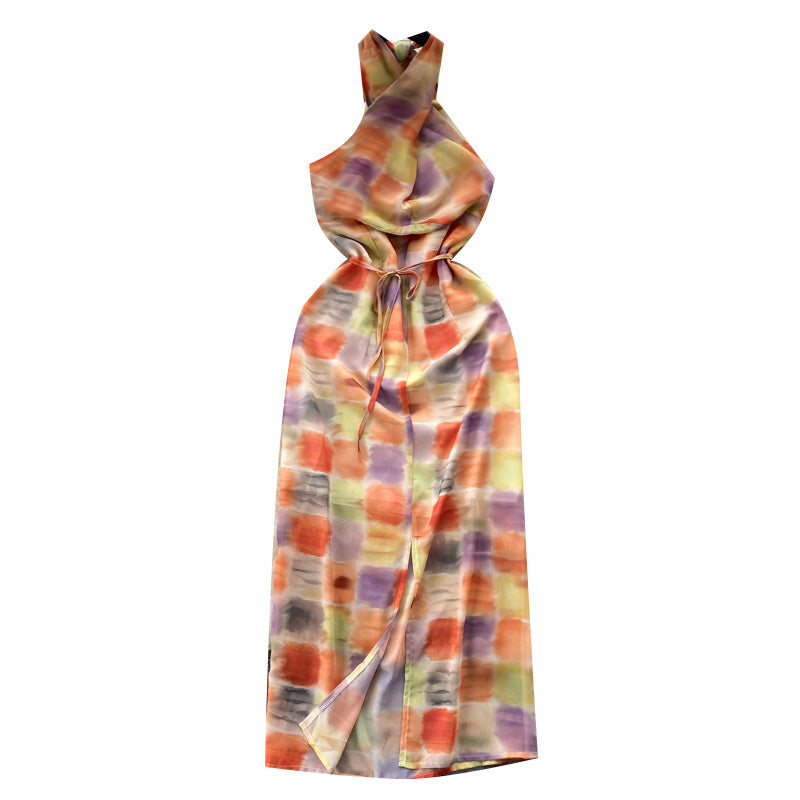 Niche Colorful Plaid Sleeveless Halter Dress