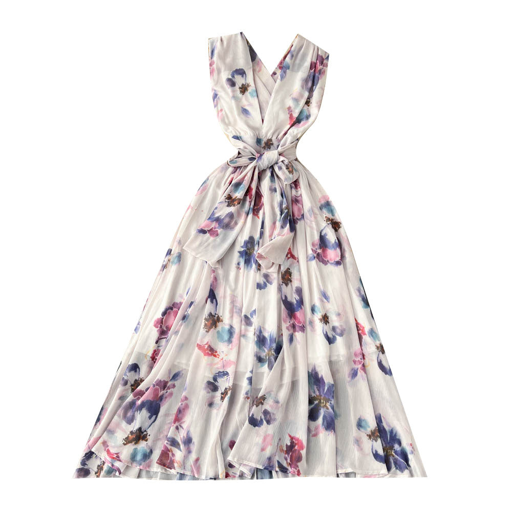 V-neck Sleeveless Floral Pleated Dress