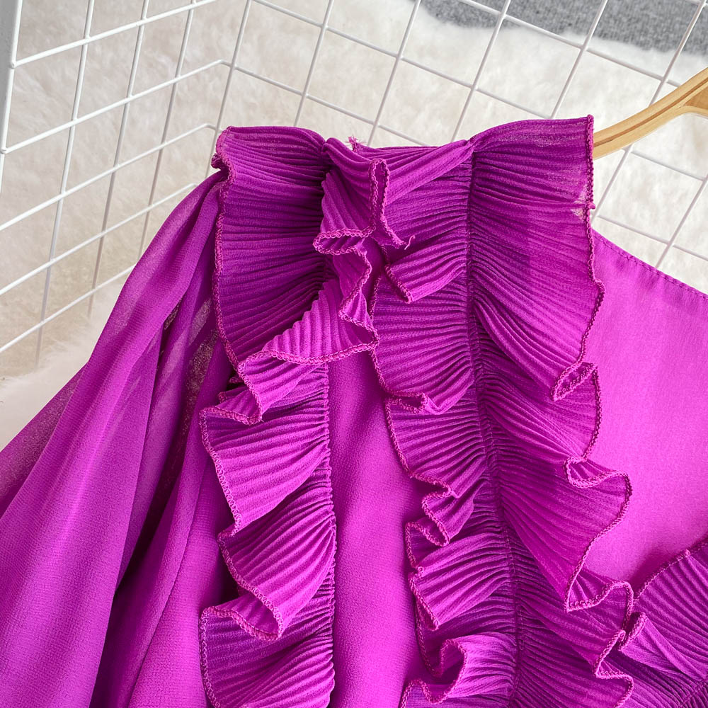 Vintage Ruffle Puffy Sleeve Pleated Dress