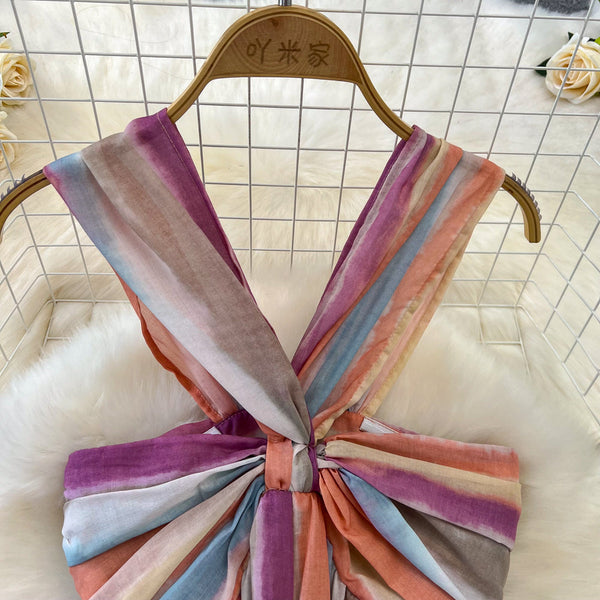 Rainbow Striped Tie-dye Halter Dress