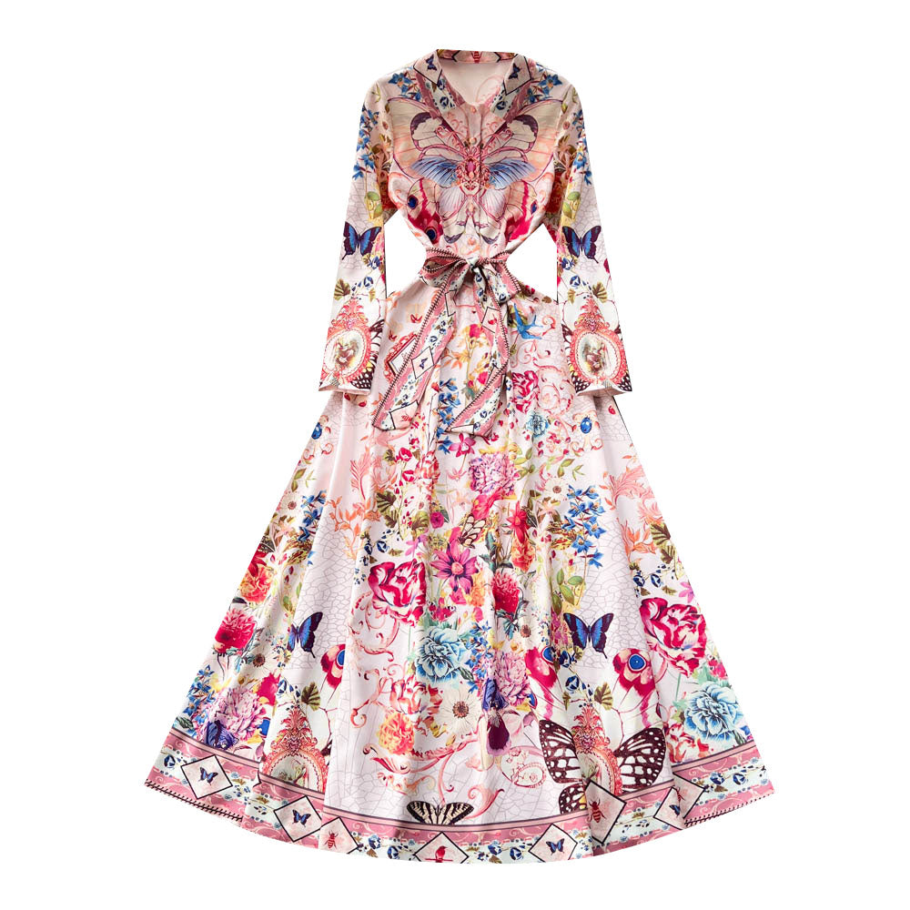 Vintage Printed Single-breasted A-line Dress