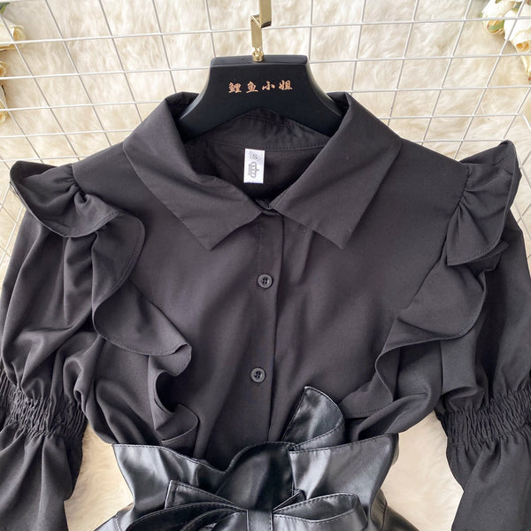 PU Girdle Ruffled Black Shirt Dress