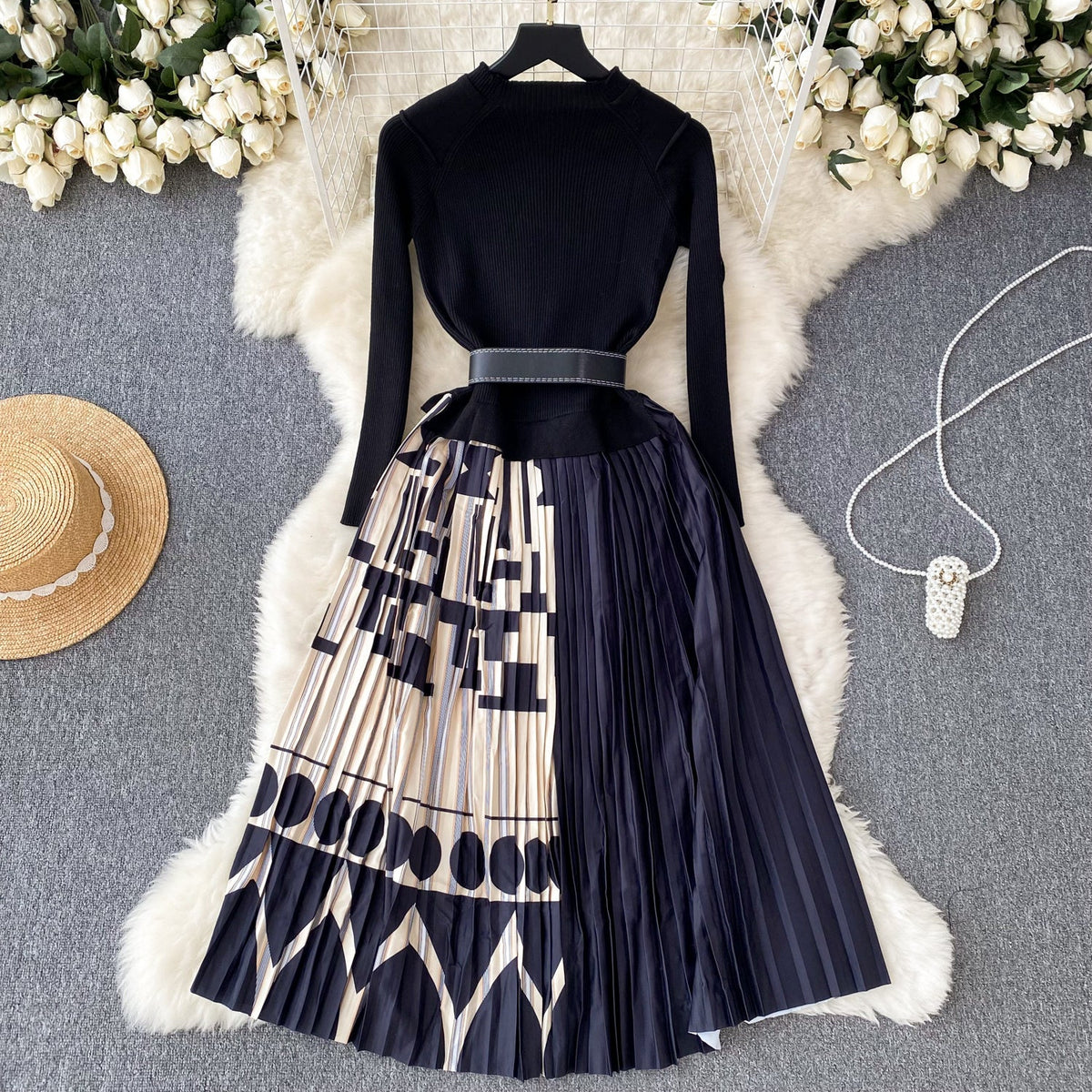 Lace-up Printed Pleated Knitted Dress