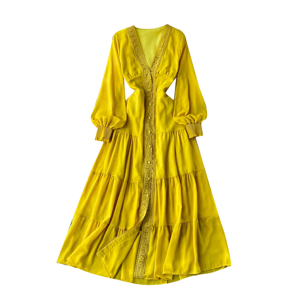 Courtly Lace Trim Single-breasted Dress