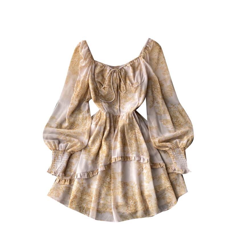 High-end Square Collar Lace-up Floral Dress