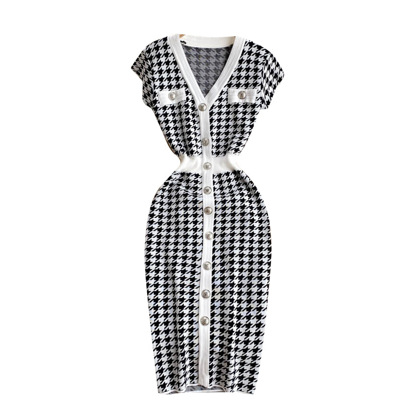 Single Breasted Houndstooth Knitted Dress