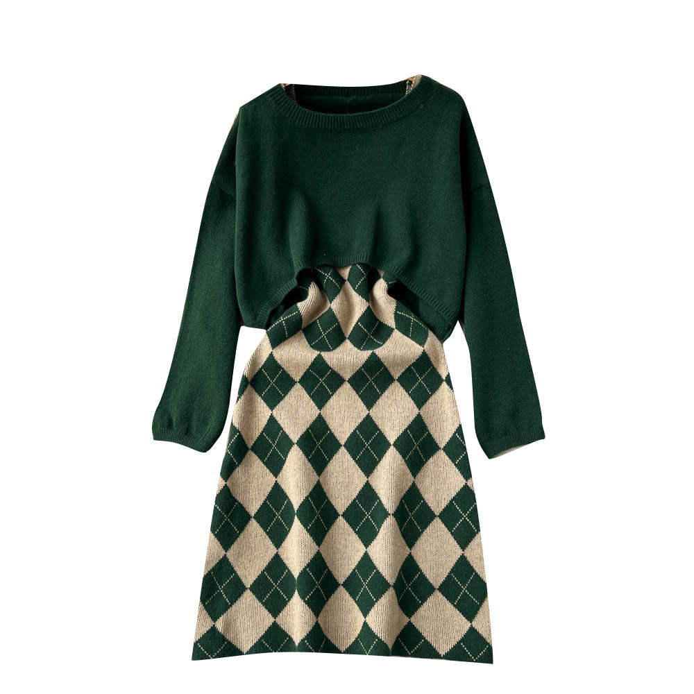 Cardigan&Rhombus Slip Dress Knitted 2Pcs