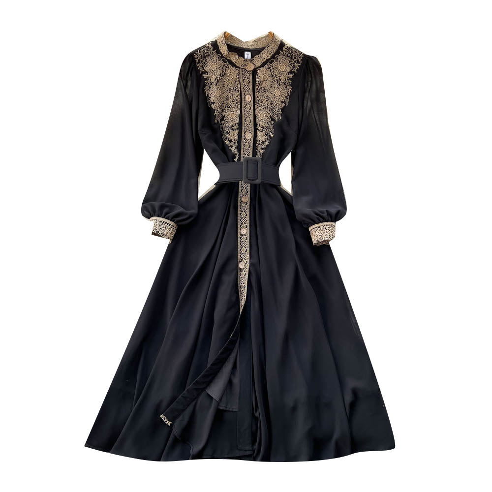 Lace Patchwork Waist-slimming Black Dress