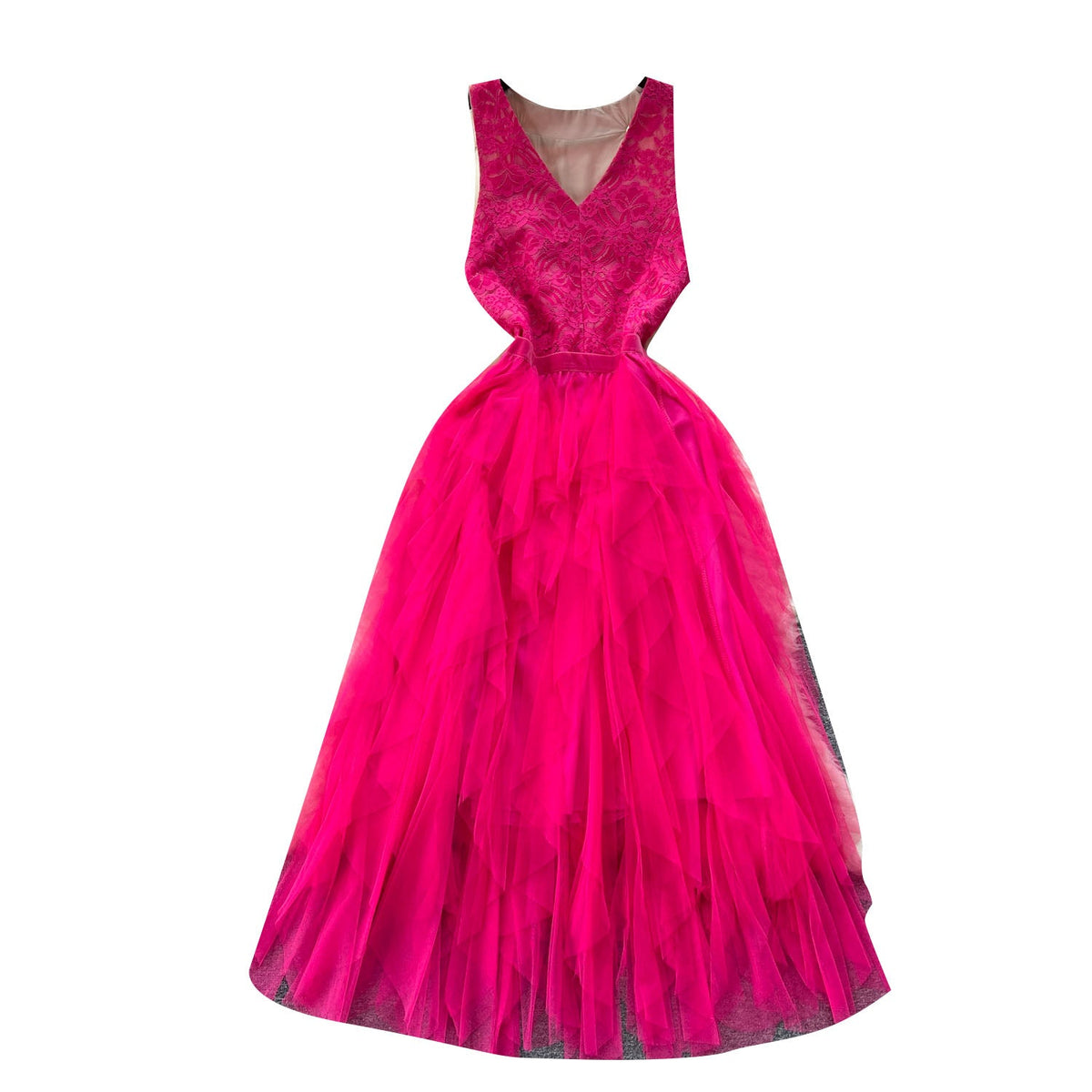 V-neck Mesh Patchwork Puffy Dress