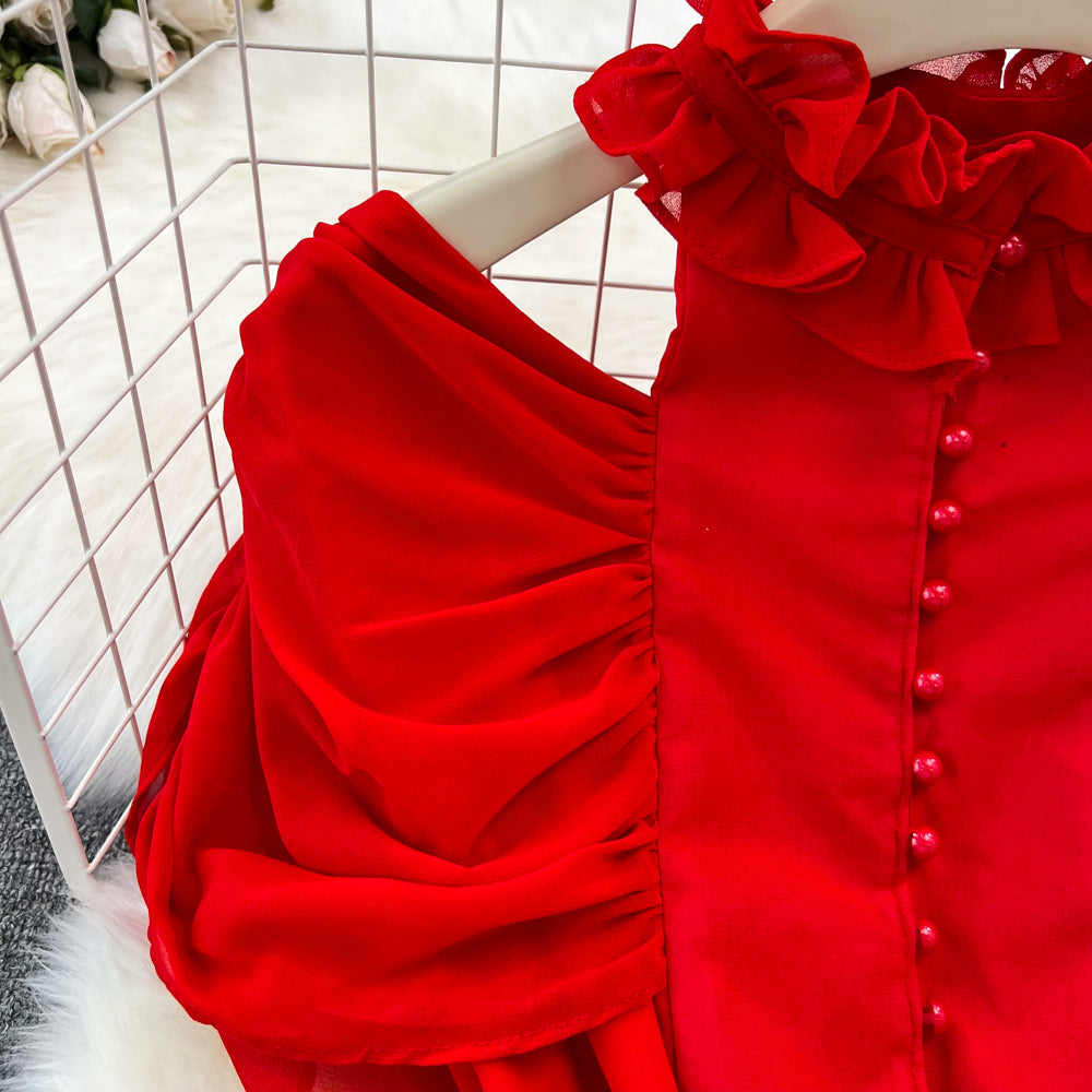 Stand collar Ruffled Chiffon Dress
