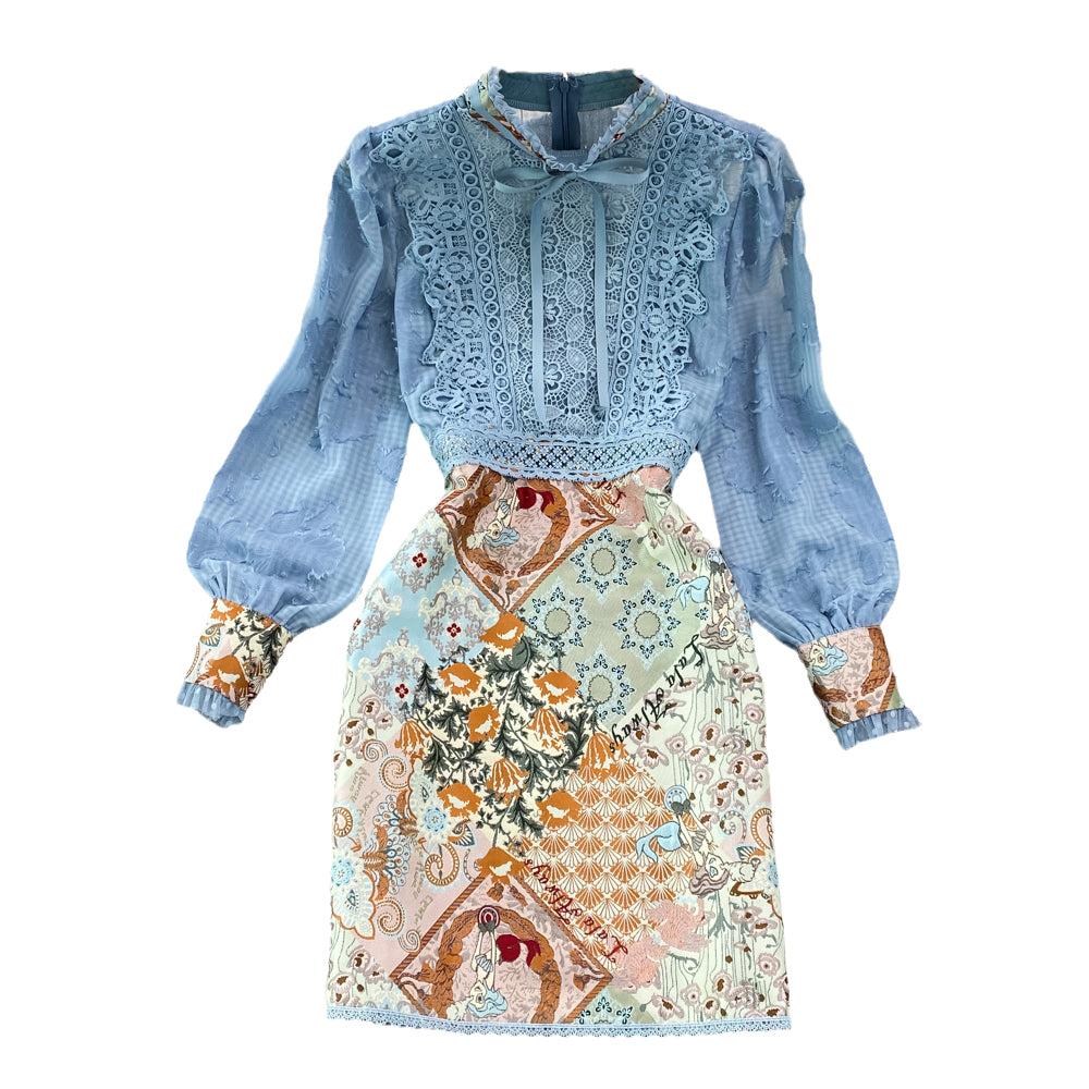 Patchwork Bubble Sleeve Faux Two-pieces Dress