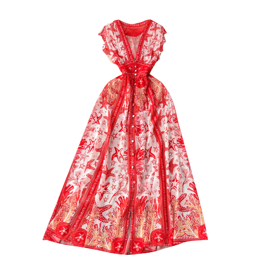 Court V-neck Printed Pleat Dress