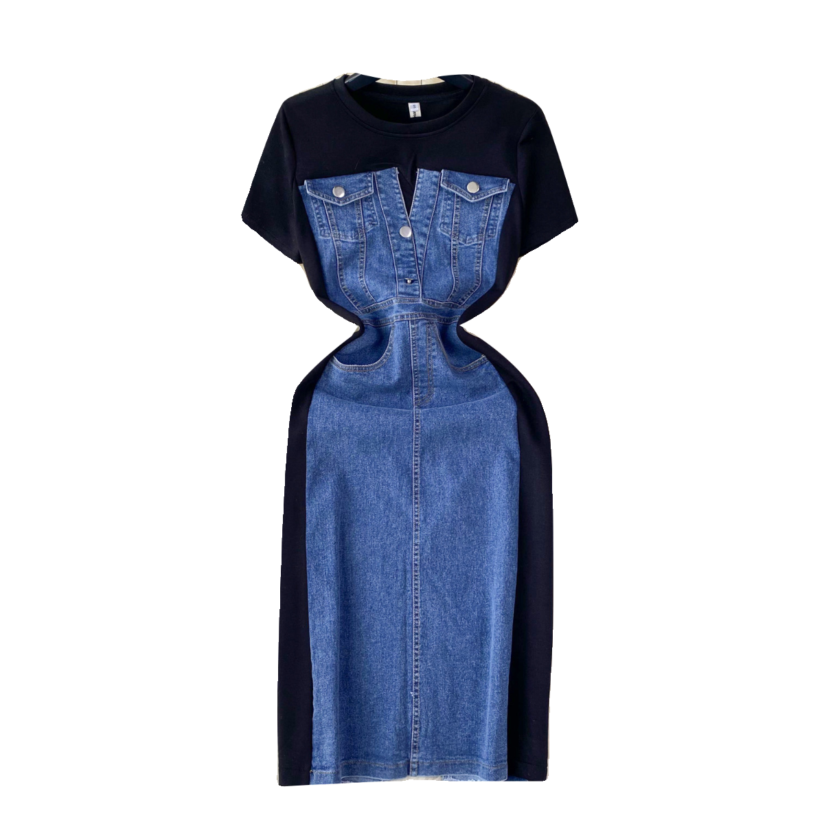 Round Collar Denim Patchwork Midi Dress