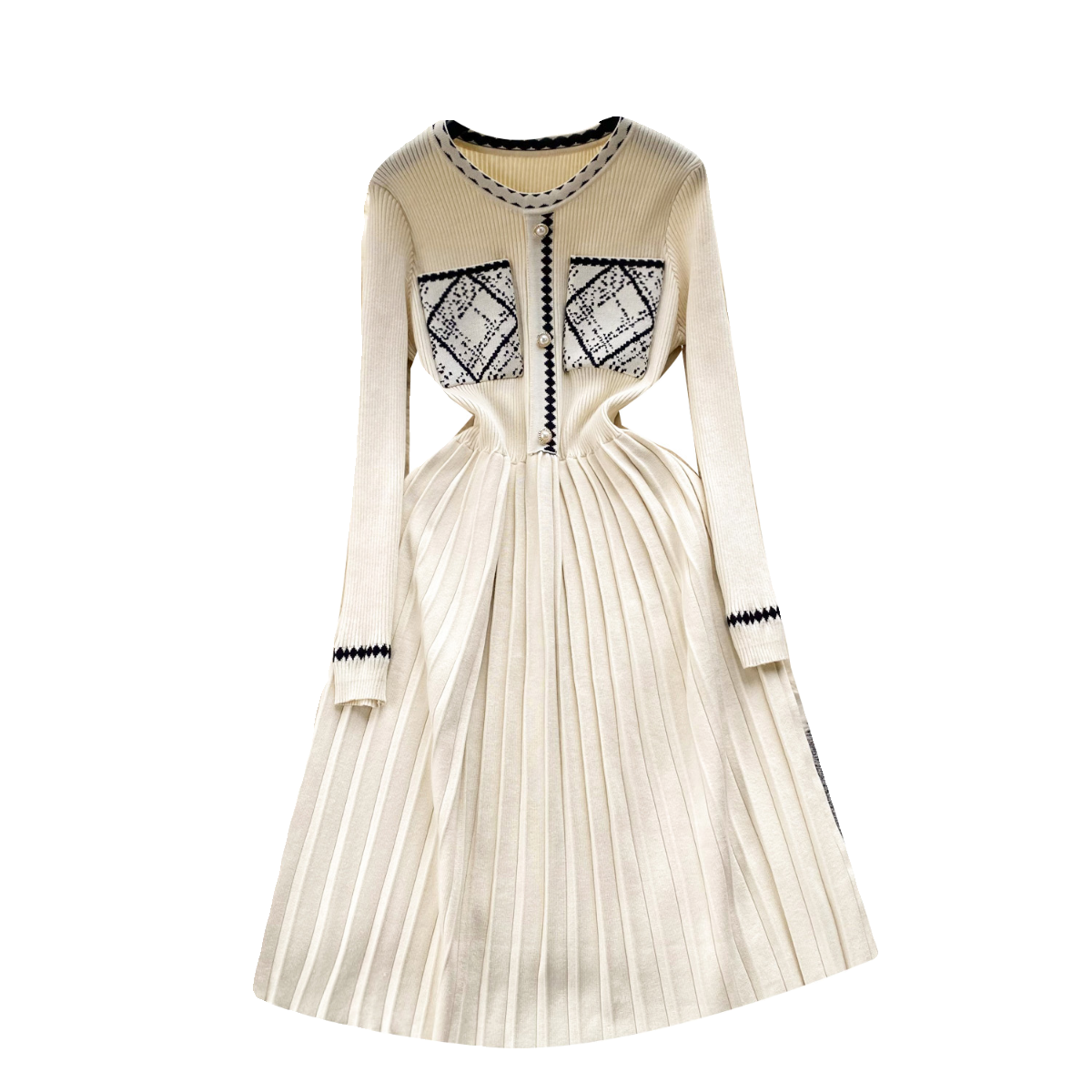 Round Collar Pleated Knitted Dress