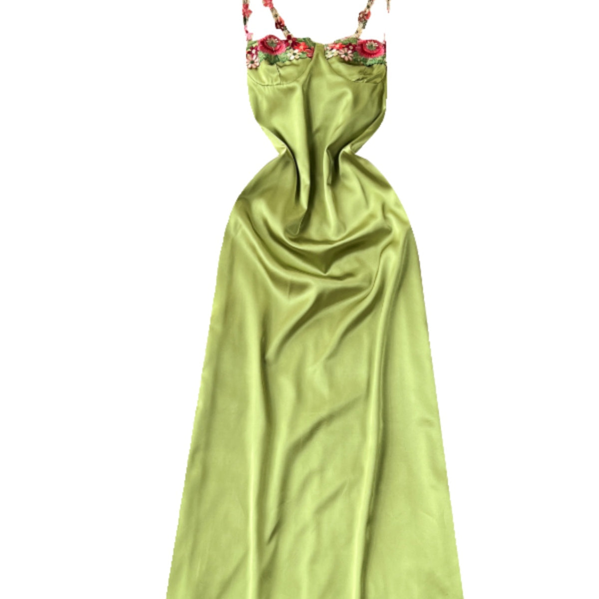 Embroidered Flower Satin Slip Dress