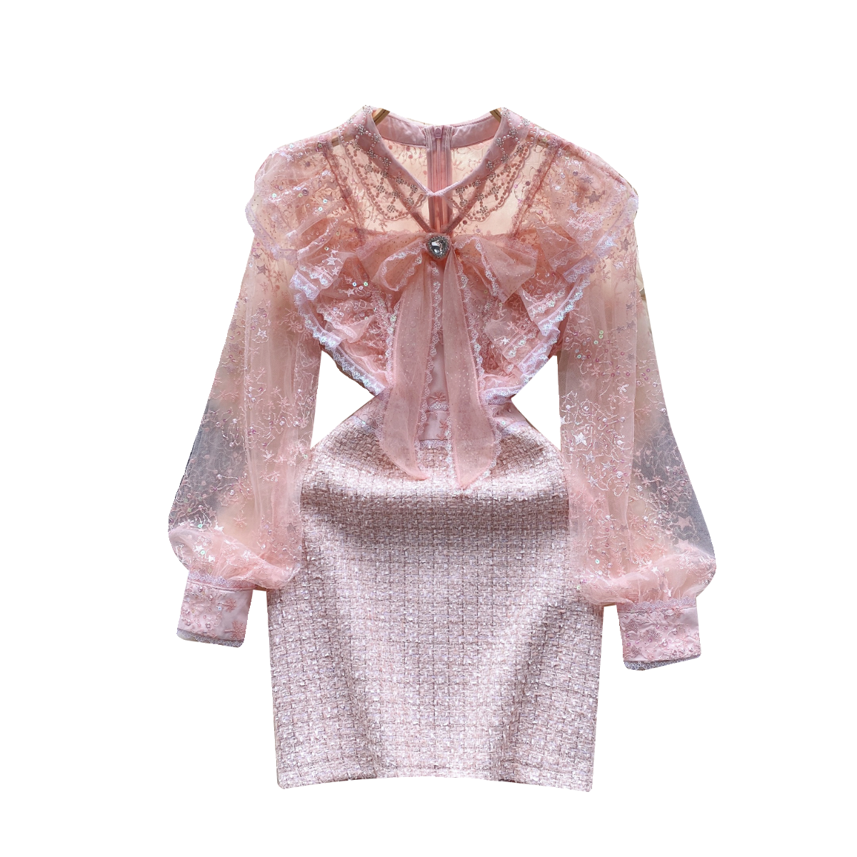 Pink Mesh Patchwork Tweed Dress