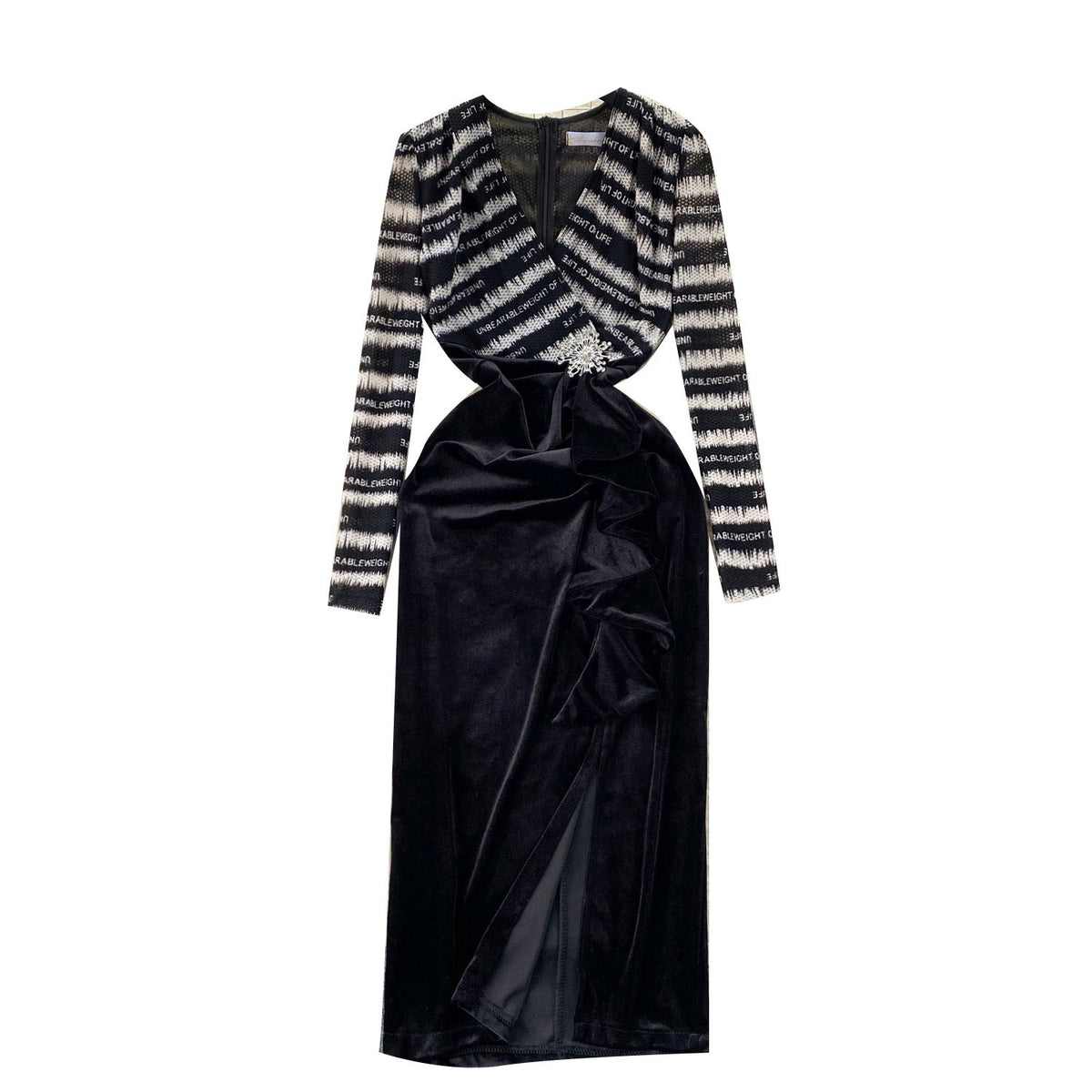 Mesh Patchwork Suede Split Black Dress