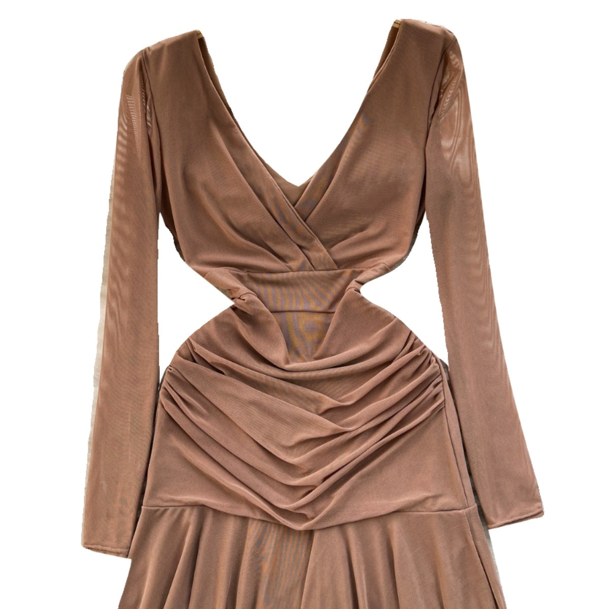 V-neck Pleated Mesh Short Dress