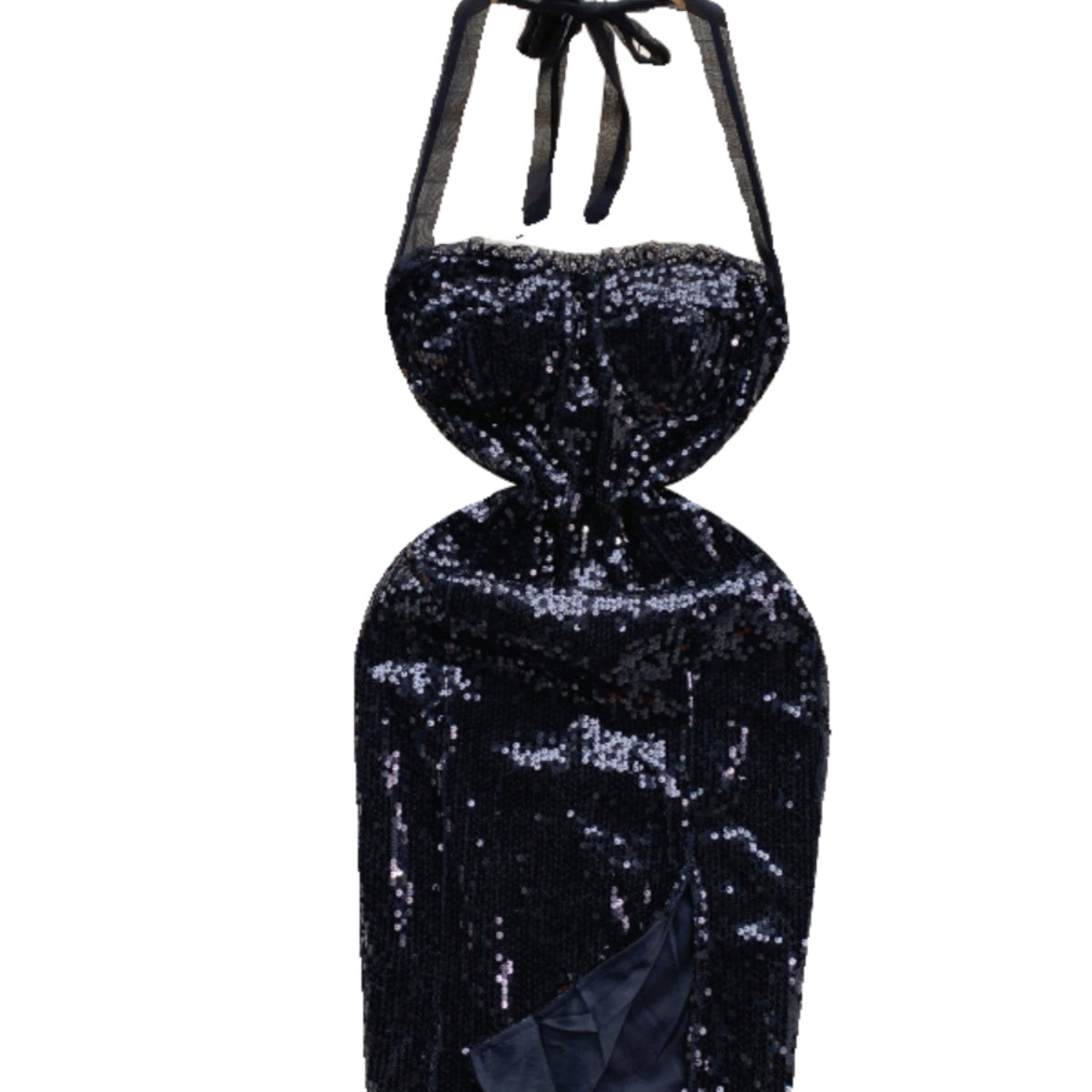 Sequined Mesh Halter Black Dress