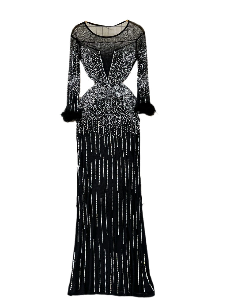 Crew Neck Rhinestone Studded Mesh Dress