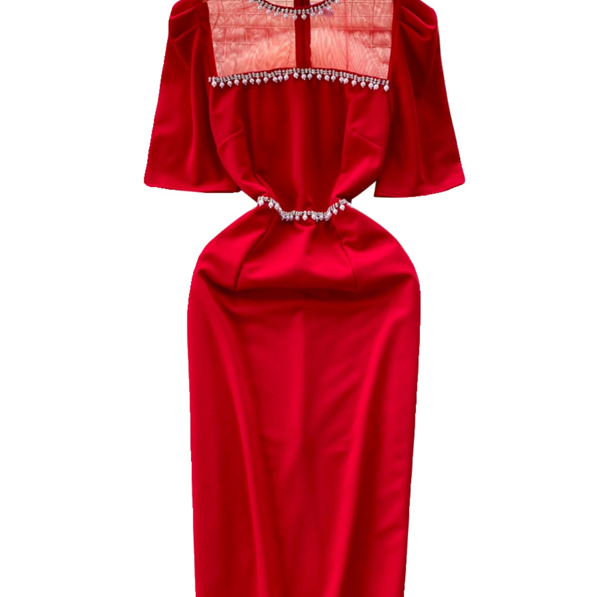 Beaded Mesh Patchwork Slim-fit Dress