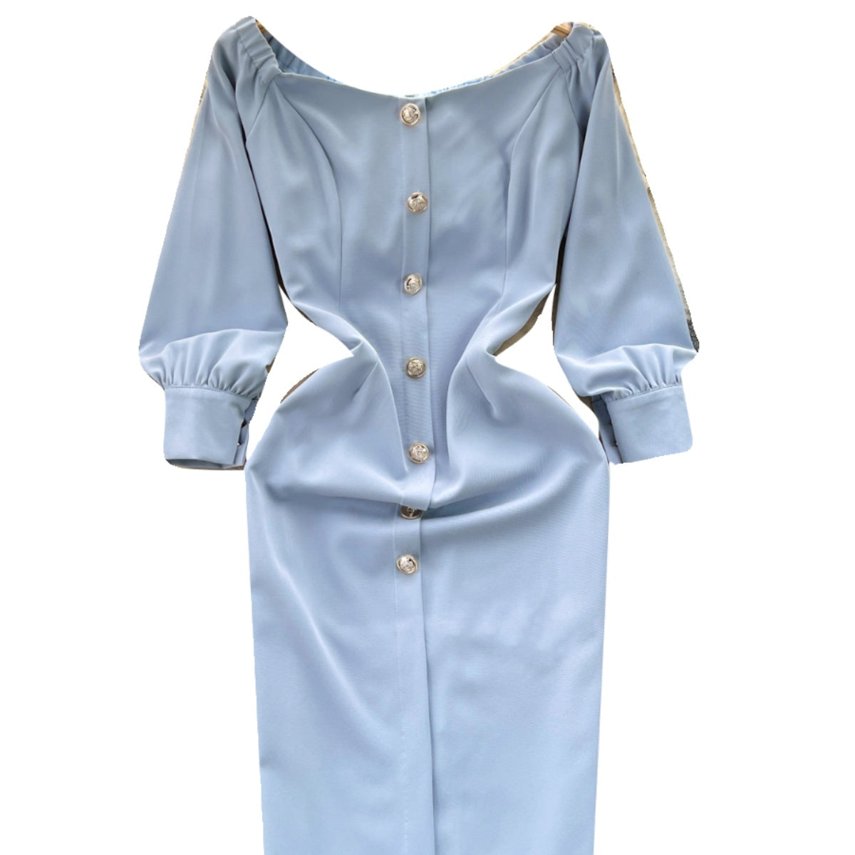 Off-shoulder Single-breasted Blue Dress