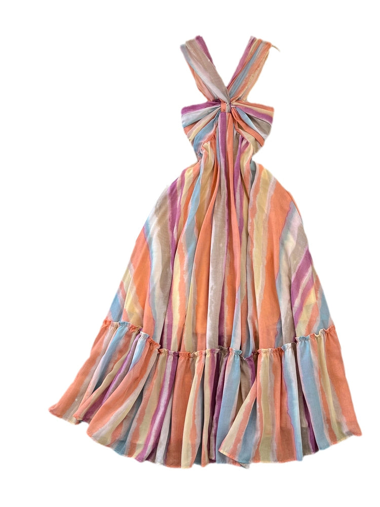 Rainbow Striped Tie-dye Halter Dress