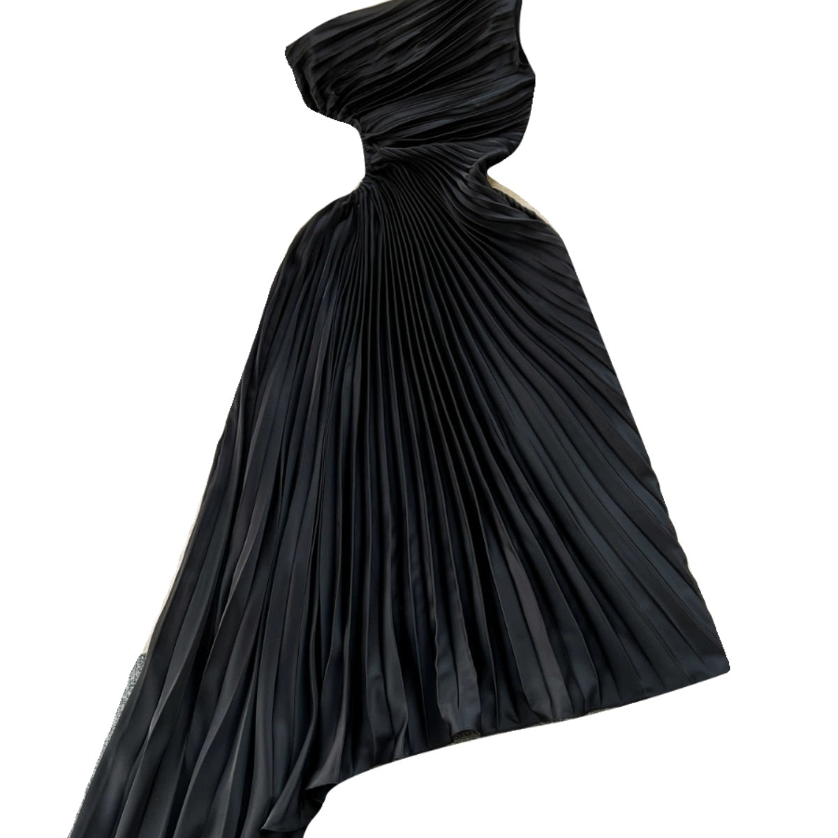 Slant Neckline Pleated Black Dress