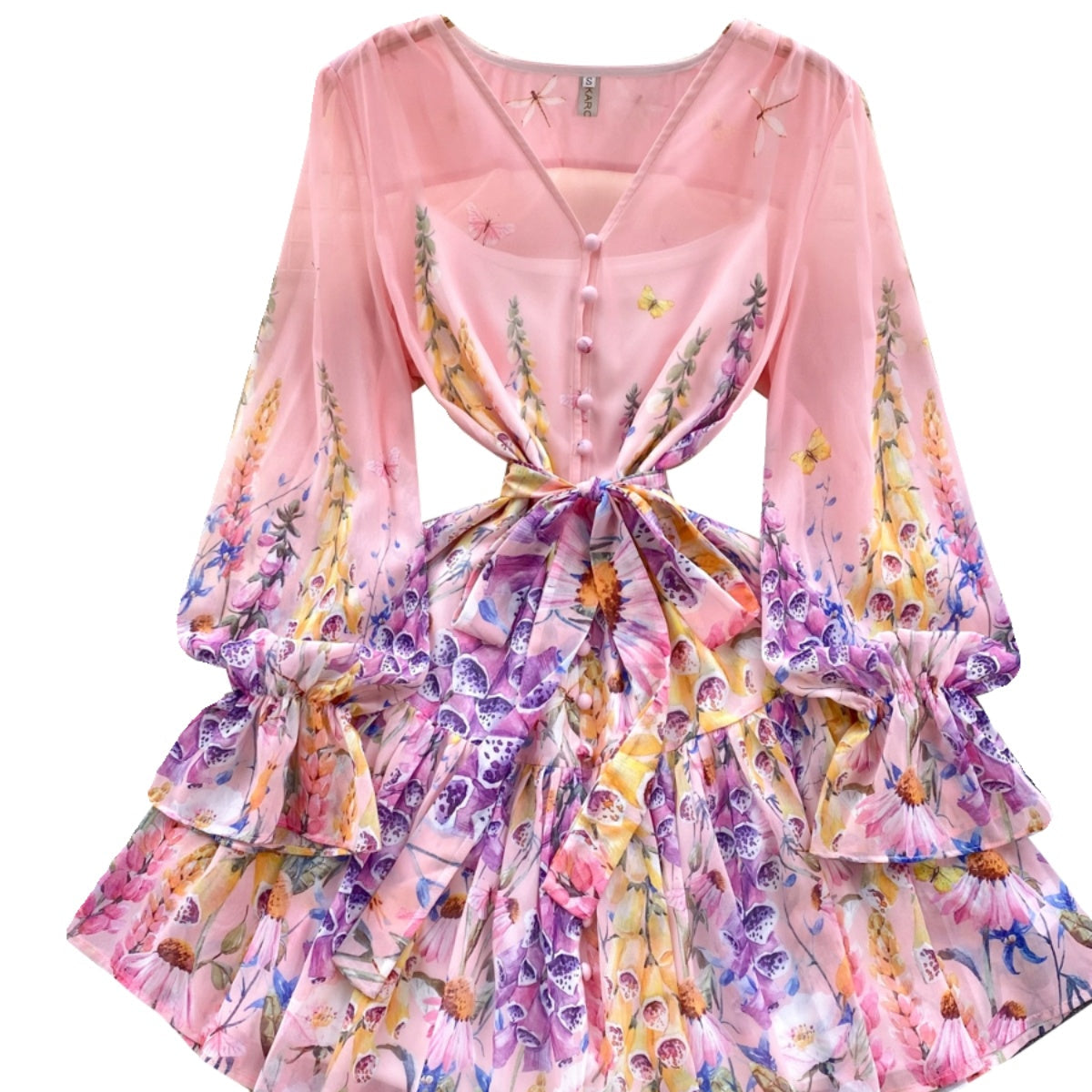 Puffy Sleeve V-neck Floral Chiffon Dress