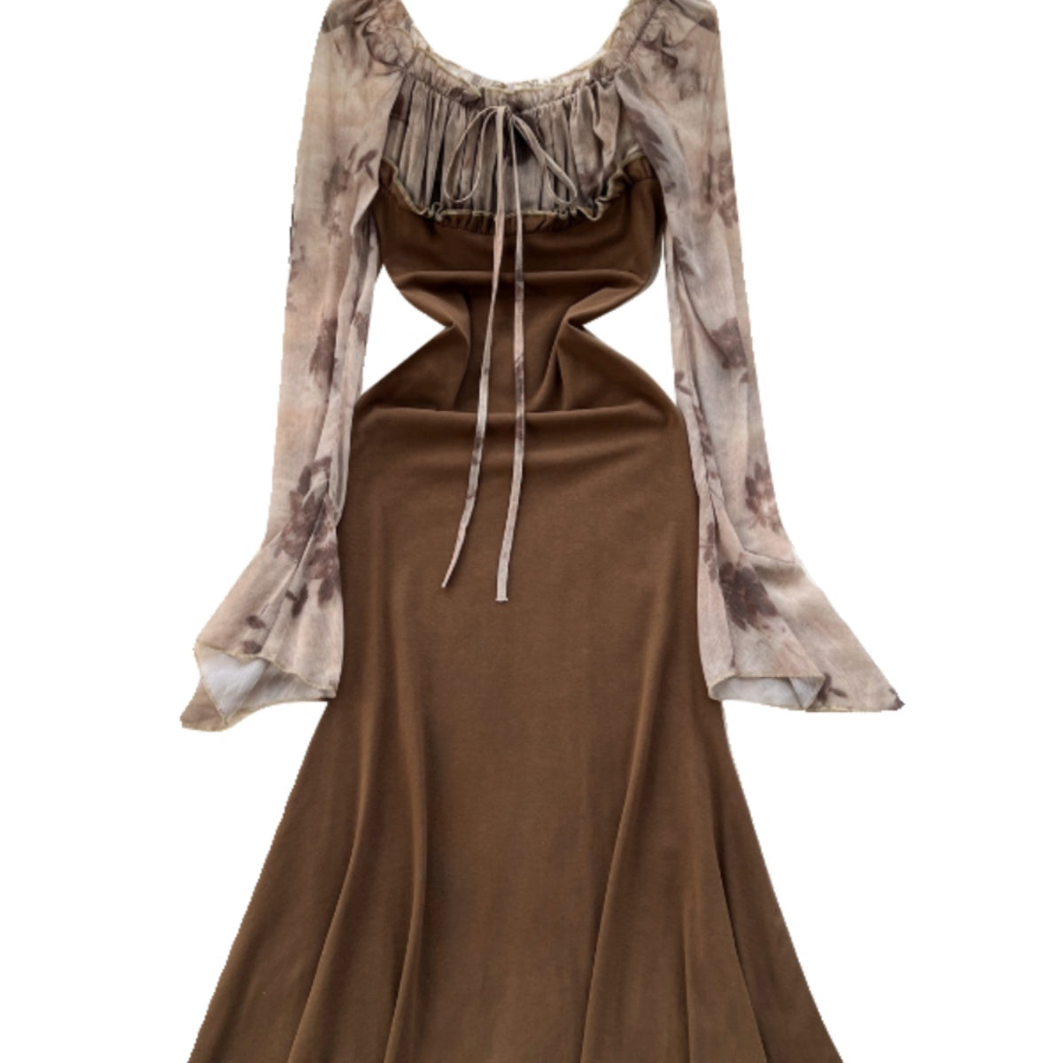 Mesh Patchwork Fishtail Brown Dress