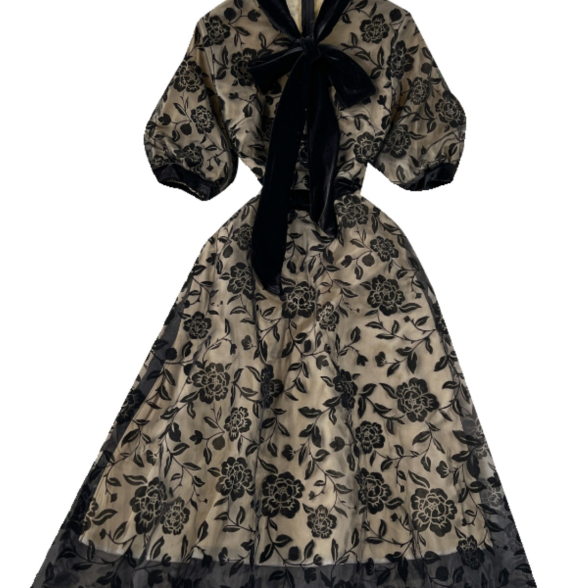 Courtly Bow-tie Floral Embroidered Party Dress