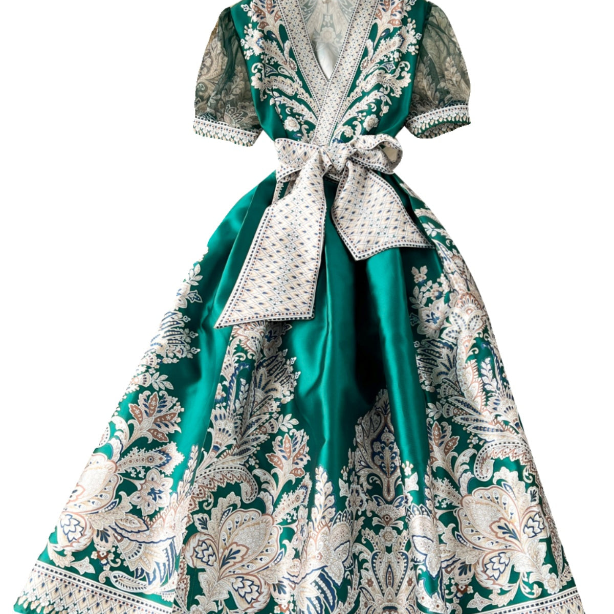 Courtly V-neck Bow Floral Dress