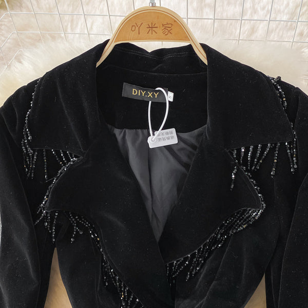 Puffy Sleeve Pleated Black Velvet Dress