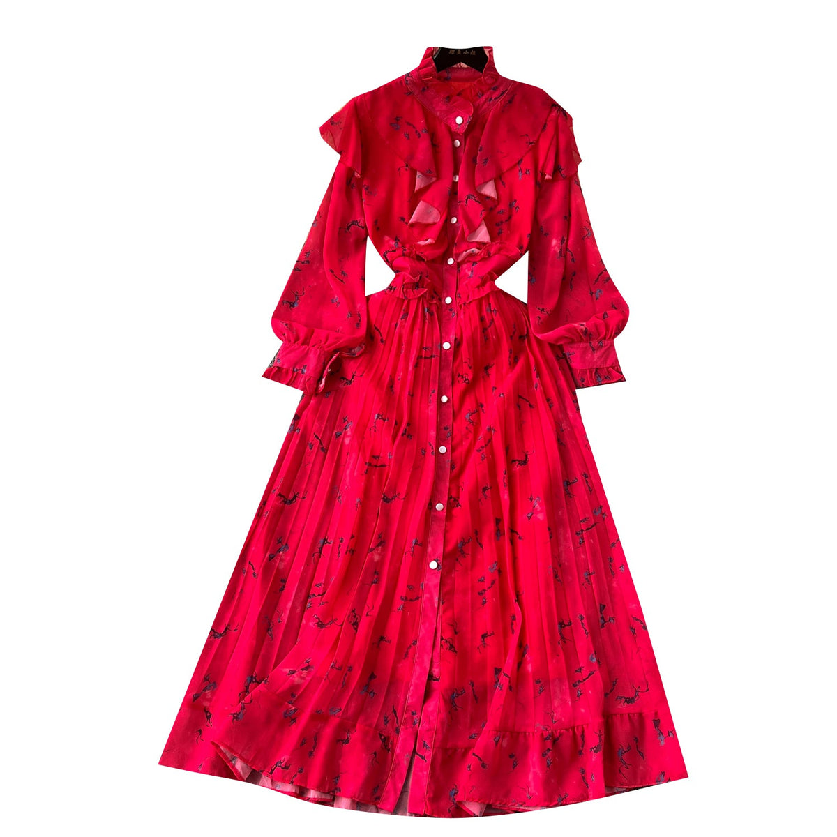 Courtly Pleated Floral Chiffon Dress