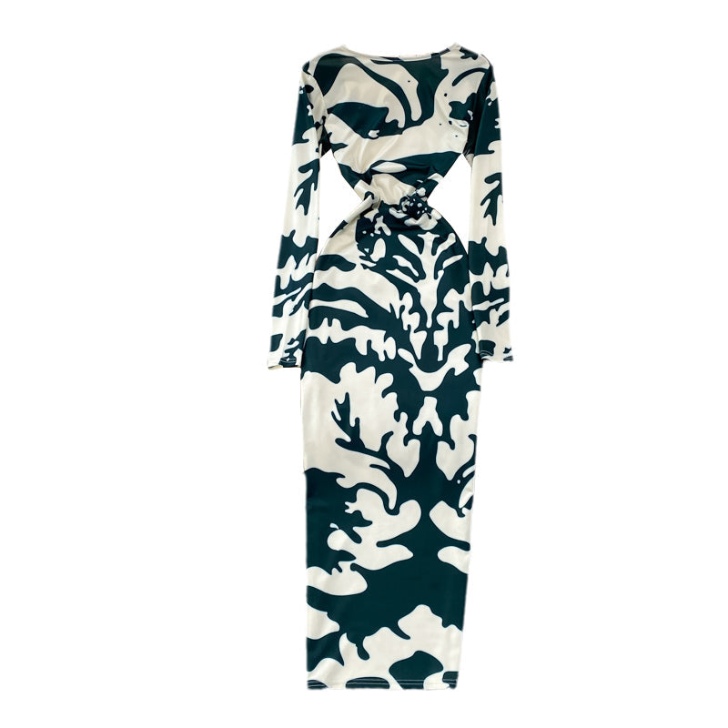 Backless Stretchy Long-sleeve Printed Dress