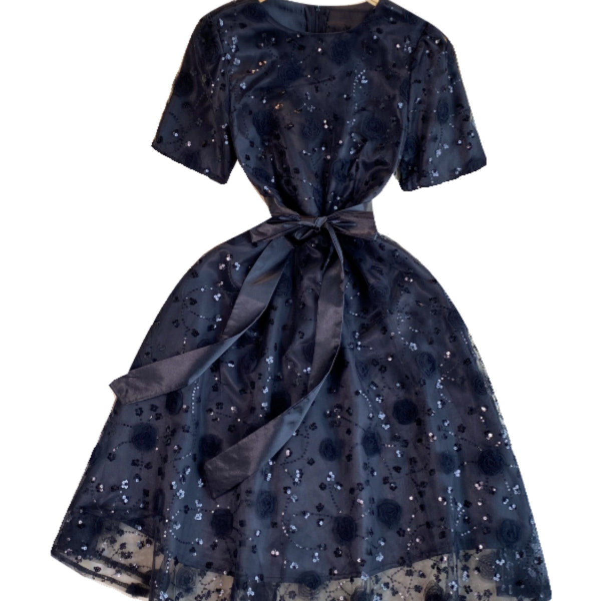 Delicate Sequined Lace-up Black Dress