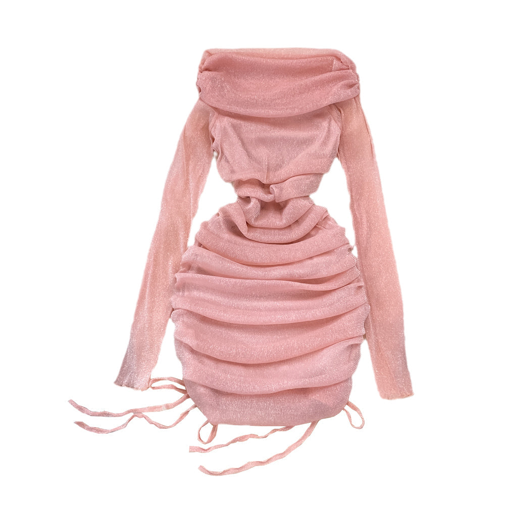 Off-shoulder Ruffled Drawstring Mesh Dress