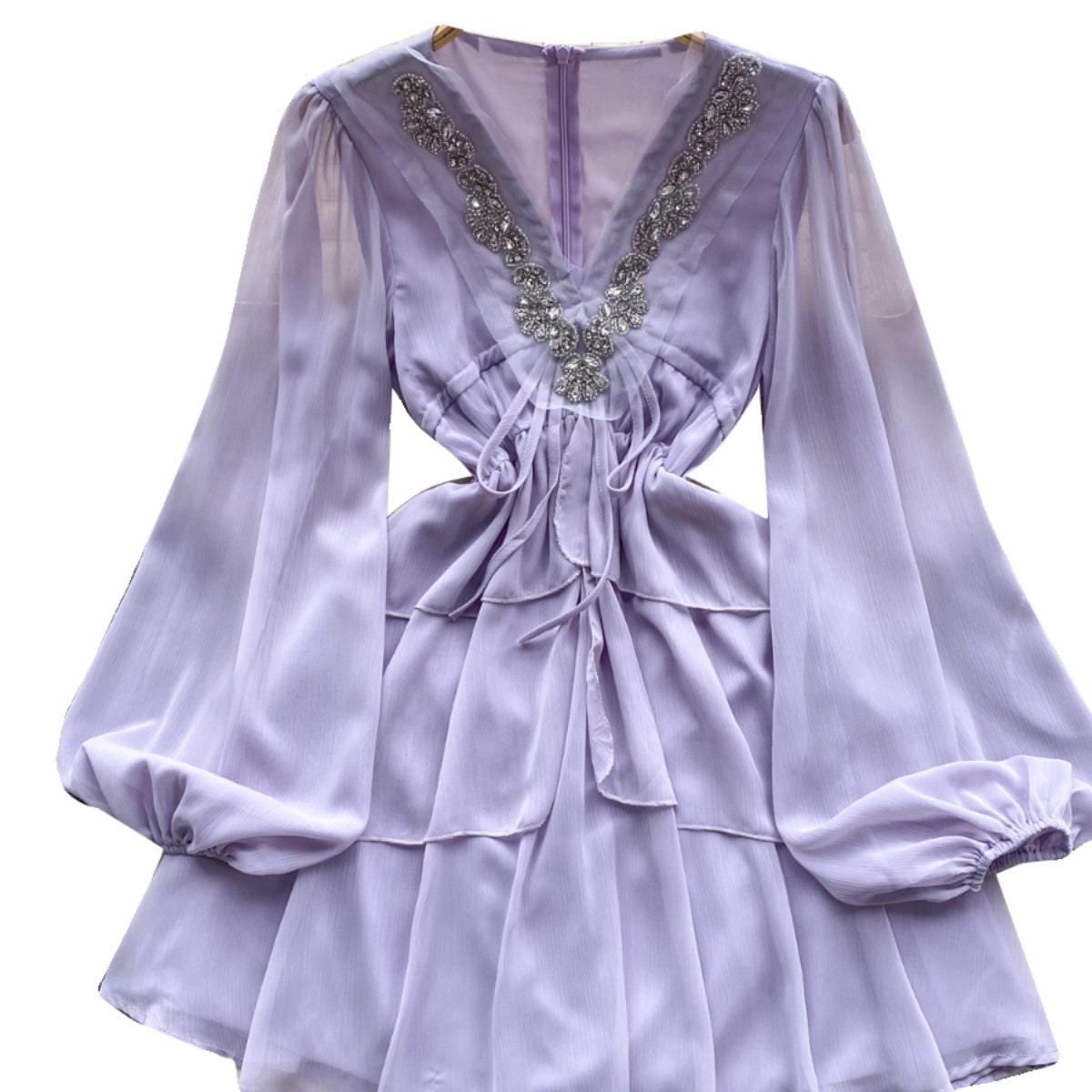 V-neck Beaded Ruffled Chiffon Dress